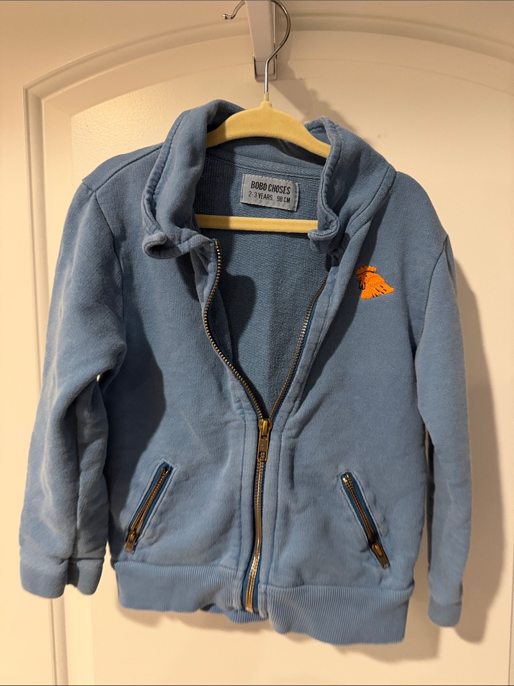 Bobo Choses Blue Zip Hoodie with Orange Patch